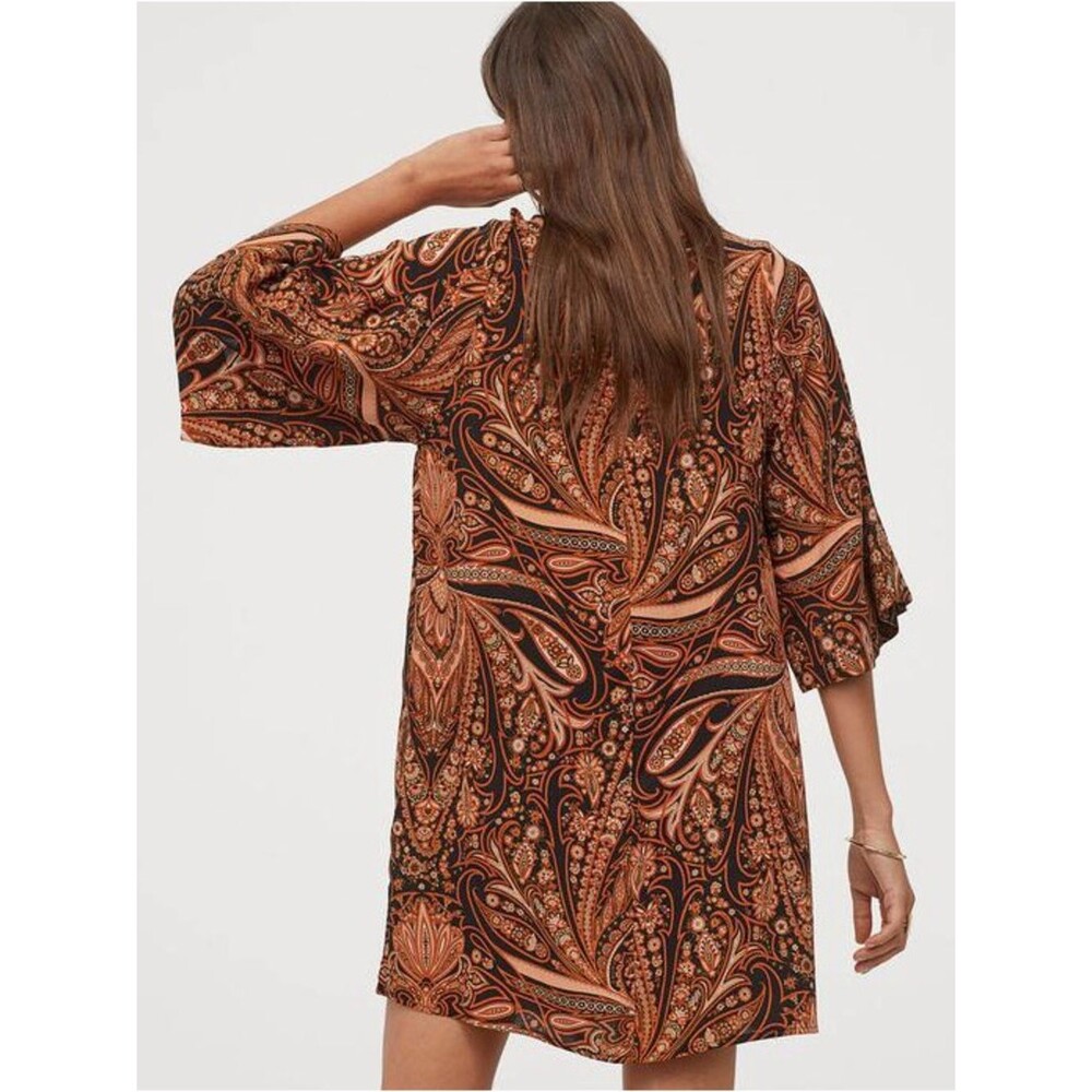 Paisley Mod Mini Dress Bell Sleeve Mock Neck Shift Dress Boho US 2